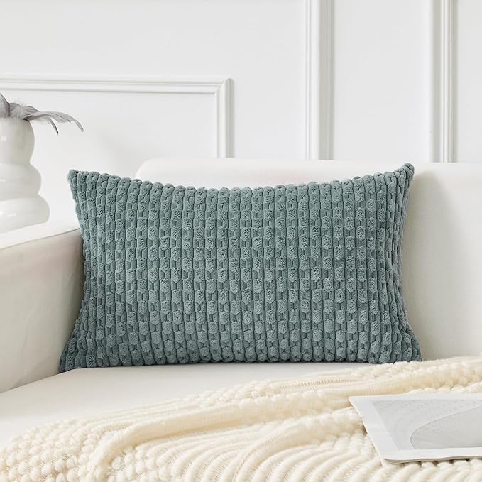 Kevin Textile Soft Corduroy 14"x24" Lumbar Pillow Cover 1 Pack, Teal Green | Boho Stripe Plush Corduroy Decorative Oblong Cushion Cover Modern Farmhouse Home Decor for Sofa Couch Bed Chair