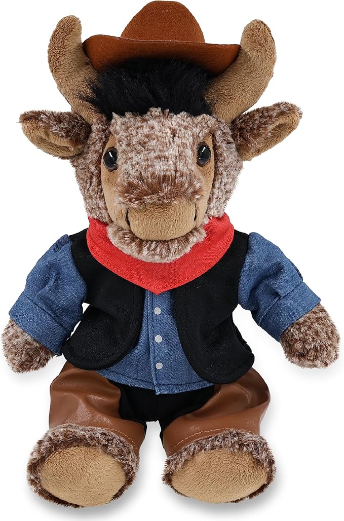 DolliBu Sitting Buffalo Stuffed Animal Cowboy Plush with Name Personalization - Western-Themed Buffalo Plush with Cute Cowboy Costume Denim Shirt Vest, Bandana, Leather Pants, and Hat - 8.5 Inches