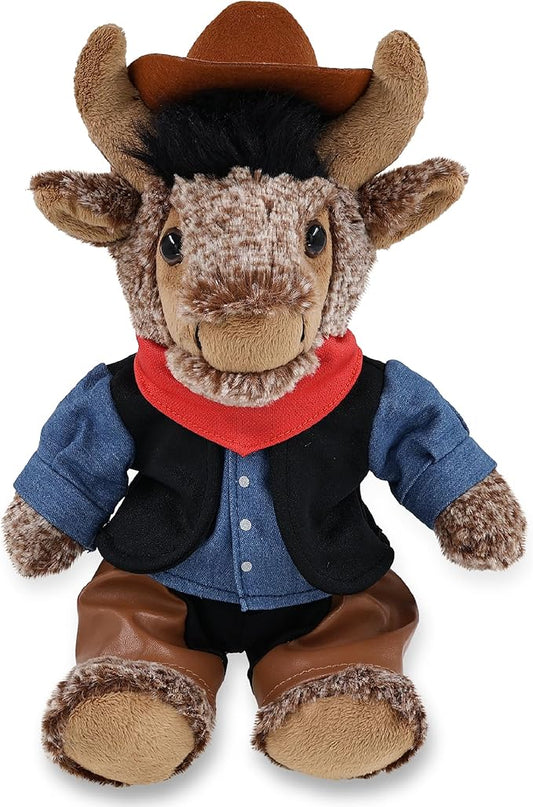 DolliBu Sitting Buffalo Stuffed Animal Cowboy Plush with Name Personalization - Western-Themed Buffalo Plush with Cute Cowboy Costume Denim Shirt Vest, Bandana, Leather Pants, and Hat - 8.5 Inches