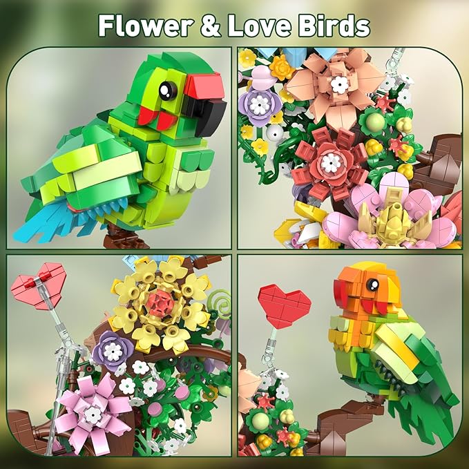 Flowers & Love Bird Building Set for Adults, Flower Parrot Botanicals Decor Model Kit with LED, Animal Toys Gifts Ideas for Kids Girls Boys Age 8+ (1050 PCS)
