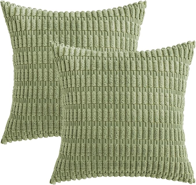 MIULEE Corduroy Decorative Throw Pillow Covers 12x12 Sage Green Pack of 2 | Soft Boho Striped Pillow Covers Modern Farmhouse Home Decor For Sofa Living Room Couch Bed