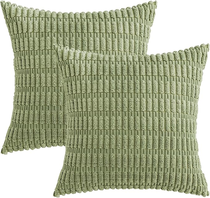 MIULEE Corduroy Decorative Throw Pillow Covers 16x16 Sage Green Pack of 2 | Soft Boho Striped Pillow Covers Modern Farmhouse Home Decor For Sofa Living Room Couch Bed