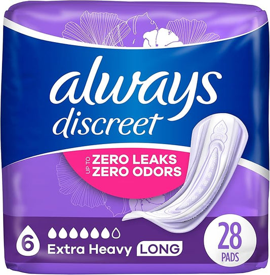 Always Discreet Adult Incontinence Pads for Women, Ultimate Absorbency, Long Length, Postpartum Pads, Up to 100% Bladder Leak Protection, 28 Count