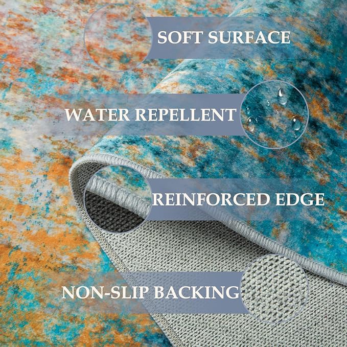 RELEANY Washable 5'x8' Abstract Area Rug for Living Room Teal Multi | carpet for bedroom, kitchen, office, hallway and entryway, printed pattern, non-slip, soft, stain-resistant, easy to clean