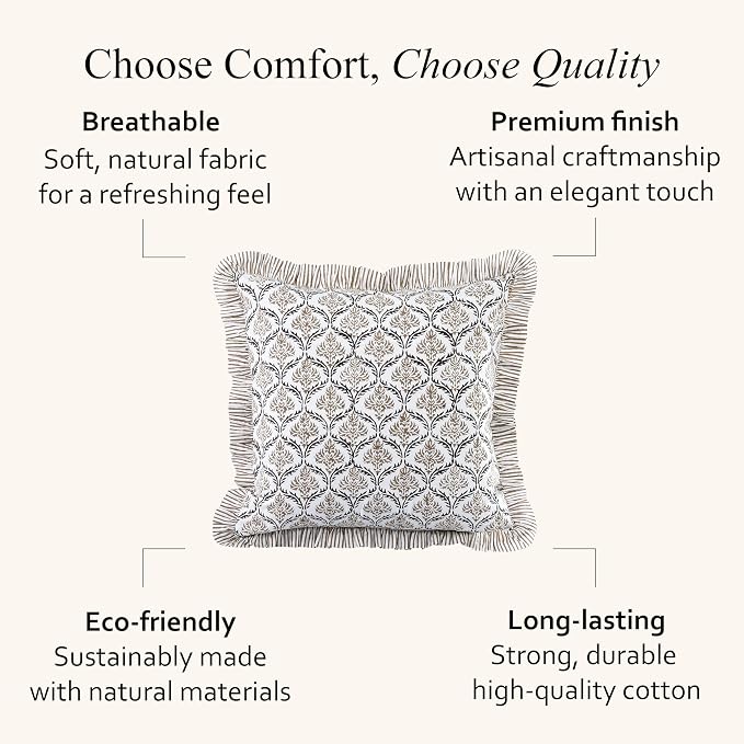 CPC Sandstone Regal Hand Block Print 100% Cotton Ruffle Throw Pillow Cover 24x24 inch with Hidden Zipper Decorative for Couch, Bed, Sofa, Farmhouse, Cottagecore Decor Gift Christmas Fall Thanksgiving