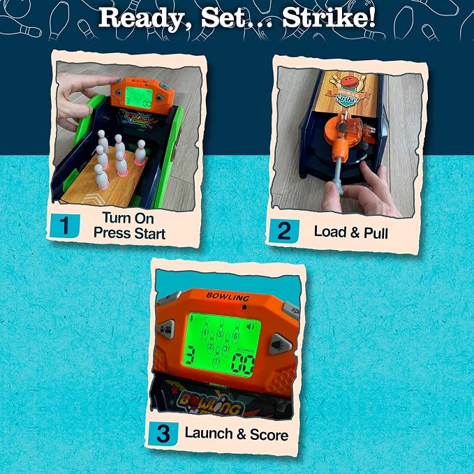 Bowling Game — Electronic Tabletop Arcade Game with LCD Auto Scoring, Lights & Sound, Spring-Loaded Launcher & 1-2 Player Modes — Mini Bowling Set for Kids