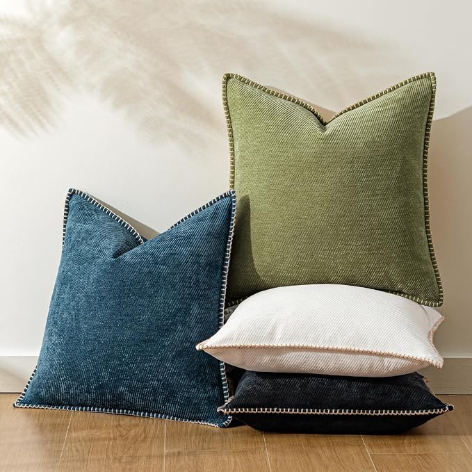 a moment Pack of 2 Decorative Chenille Throw Pillow Covers with Twill Cushion Covers for Sofa Living Room Couch Bed 16x16 Inch,Crafted Border Moss Green