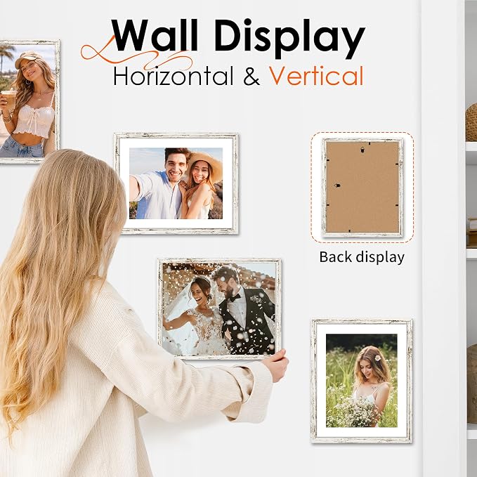FIXSMITH 8.5x11 Picture Frame 2 Pack, Distressed White Photo Frame with HD Plexiglass, Display Pictures 6x8 with Mat or 8.5x11 Without Mat, Distressed White Picture Frames Collage Wall Decor, Gallary Wall Frame