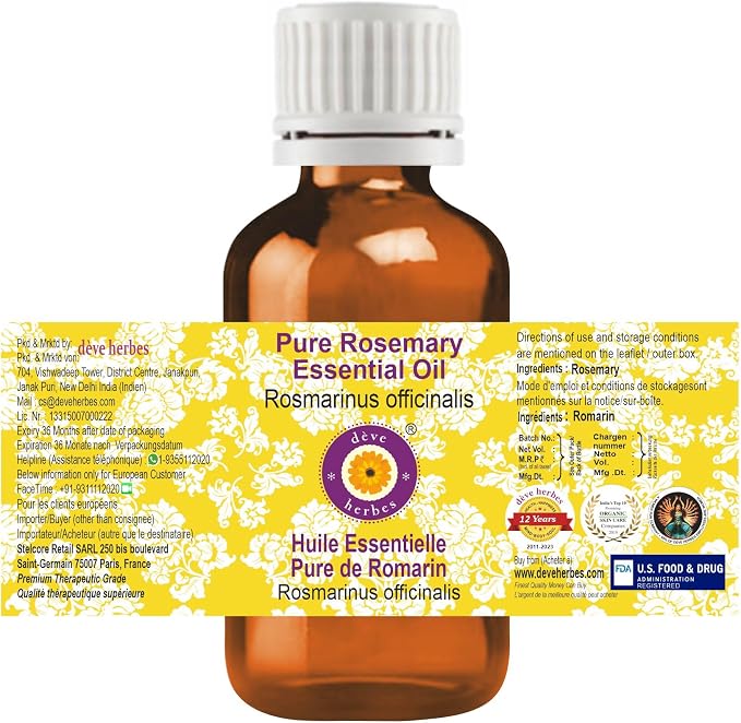 Deve Herbes Pure Rosemary Essential Oil (Rosmarinus officinalis) Steam Distilled 100ml (3.38 oz)