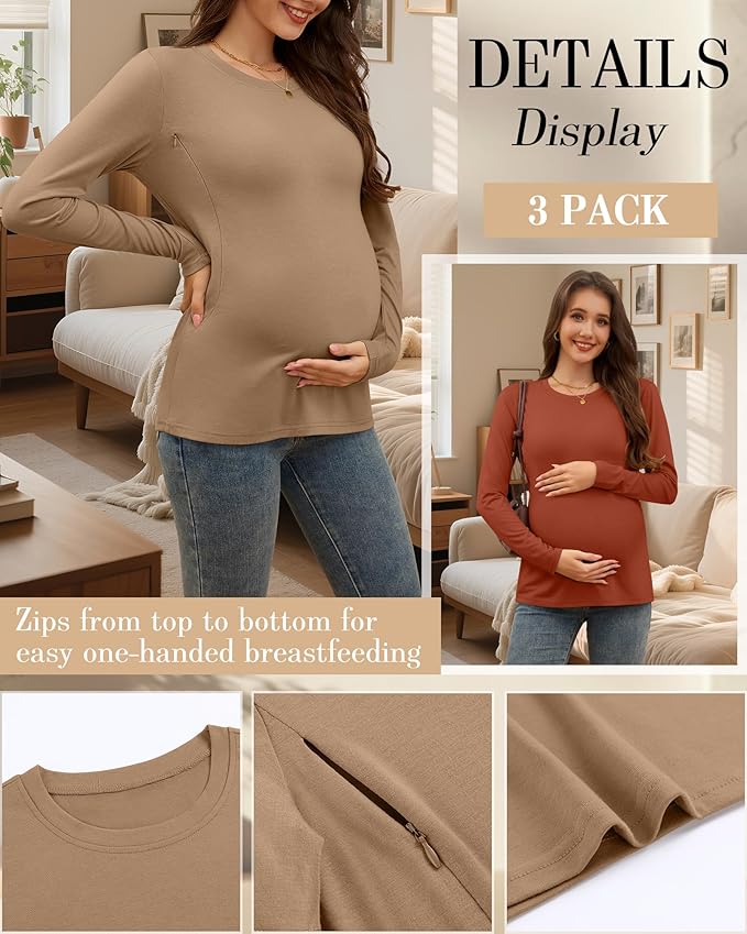 3 Pack Nursing Tops for Breastfeeding Maternity Shirts Zipper Long Sleeve Round Neck Knit Casual Nursing Clothes