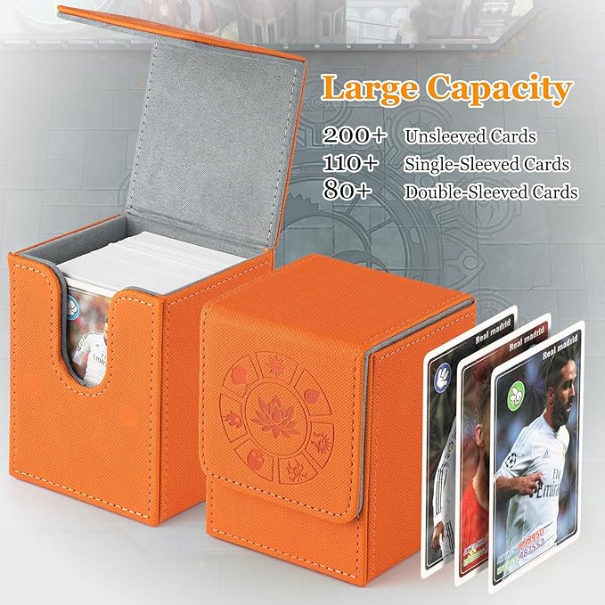 Arkeiliy MTG Deck Box with 50 Pcs Card Sleeve, 110+ Card Storage Leather Deck Box for Magic Commander, Collectible Trading Card Cases(Orange III)