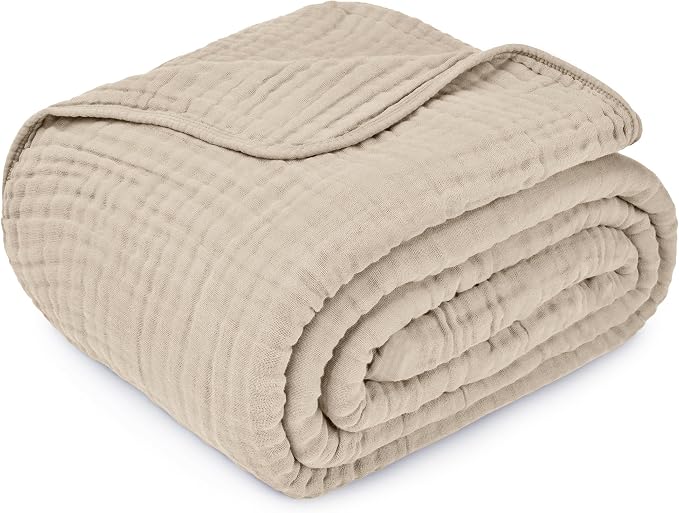 Comfy Cubs Adult Muslin Blanket 90x90” Queen Swaddle Blankets, Sand | 6 Layer Soft, Breathable & Lightweight Muslin Adult Blanket - Machine Washable & Designed in the US Bedding for All Seasons