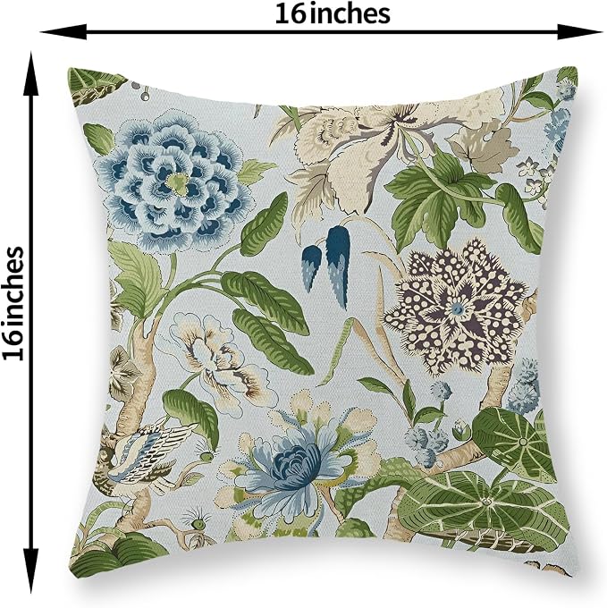 Baby Blue Green Pillow Covers 16x16 Inch Set of 2 Vintage Blue Floral Throw Pillows Chinoiserie Flower Decorative Pillow Case Outdoor Linen Farmhouse Cushion Cover for Couch Sofa Decorations