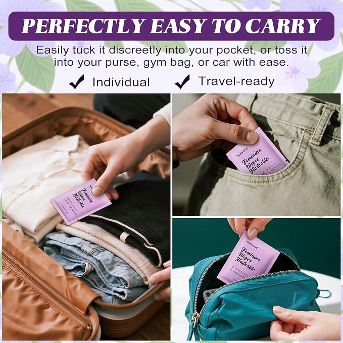 twoworld 50 Feminine Wipes Individually Wrapped,Flushable Wipes Travel | Feminine Care Vaginal Wipes for Adult,Women,Girl and Homeless(Lavender)