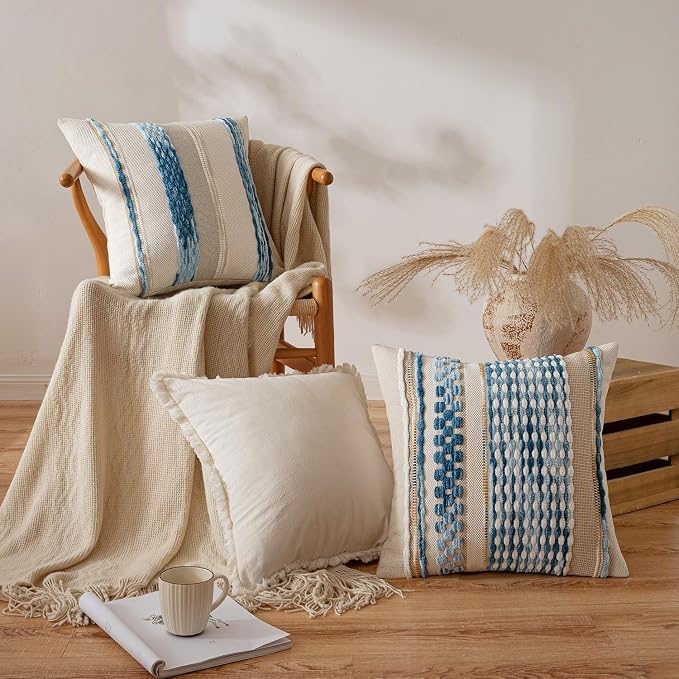ANRODUO Boho Decorative Throw Pillow Covers Sky Blue Stripe 20x20 Pack of 2 | Throw Pillow Covers, Farmhouse Cushion Case, Chenille Pillow Cases, Coastal throw pillows, Neutral Pillowcase for Couch Bed
