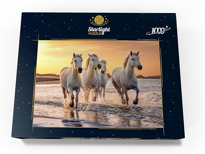 MyPuzzle White Camargue Horses Galloping On A Beach in France - Premium 1000 Piece Jigsaw Puzzle for Adults