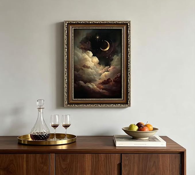 Vintage Gold Framed Crescent Moon Cloud Wall Art, Dark Academia Celestial Starry Sky Oil Painting Print, Antique Ornate Mystical Night Sky Wall Decor, Gothic Cottagecore Home Decor, 12x16in