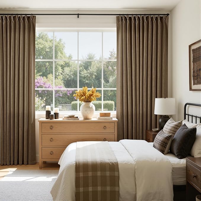 Extra Wide 102 Inch Long Curtains 70 Inch Wide Pinch Pleat Linen Curtains for Living Room Bedroom Light Filtering Privacy Pleated Drapes Hooks Rings Back Tab for Sliding Door Dutch Cocoa 1 Panel