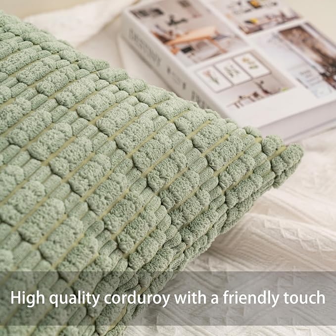 Pack of 2 Corduroy Decorative Throw Pillow Covers 16x16 Inch, Sage Green | Fall Soft Striped Pillow Covers Modern Farmhouse Home Decor Christmas Throw Pillow Covers for Sofa Living Room Couch Bed