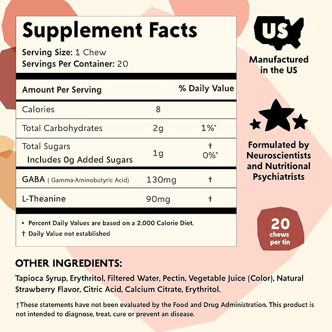 PYM Berry Mood Chews Support for Stress, Worry & Overwhelm, 60 Count | 130mg GABA, 90mg L-Theanine | Vegan, Non-GMO, Gluten-Free, No Added Sugar | All-Natural Mood Support Supplement Made in USA