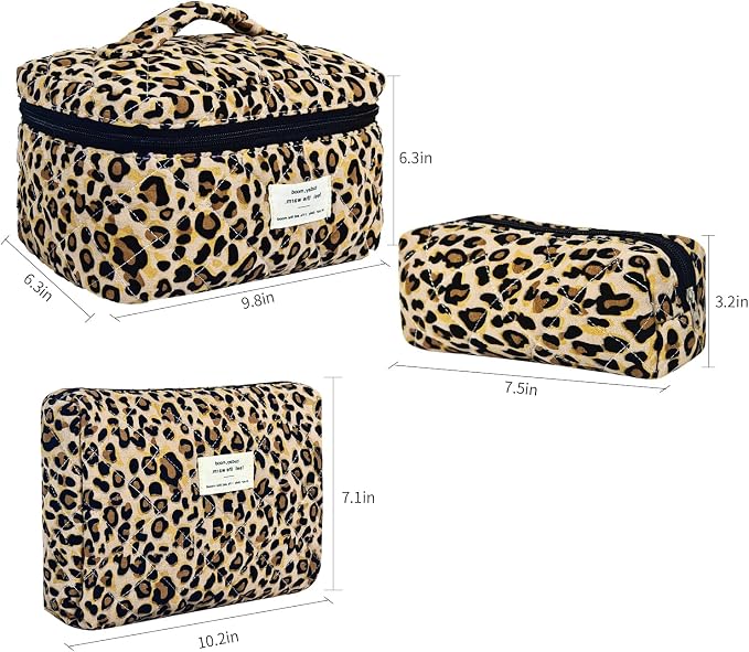 GISMTR 3Pcs Makeup Bag Cotton Quilted Travel Cosmetic Bag Cute Floral Makeup Pouch Large Toiletry Bag for Women Girls