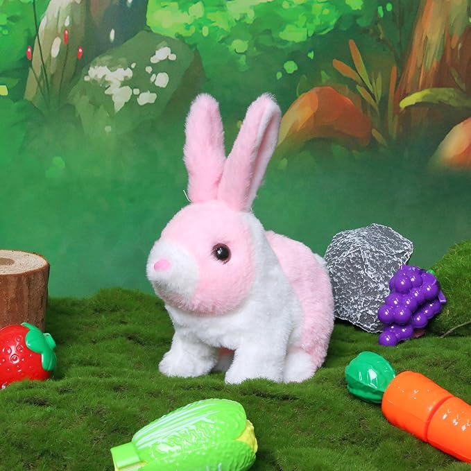 Easfan Hopping Bunny Interactive Pet Plush Bunny Toy Set with Sounds and Movements Rabbit Ears Moving Educational Plush Easter Birthday Gifts for Kids Girls, 7'',White-Pink