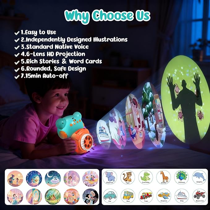 Little Bear Story Dream Projector, Interactive Play & Early Learning Toys for Kids, Includes 11 Fairy Tale Stories & 9 Word Cards, Night Light, Fun Bedtime Educational Gifts for Boys & Girls Ages 2-6