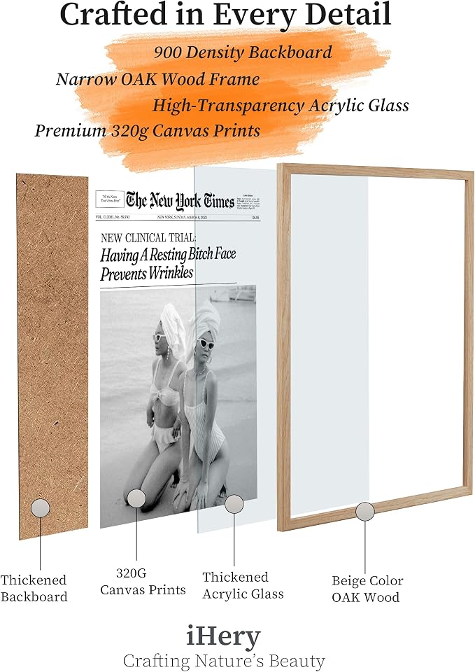 iHery 16x20in Funny Beach Girls Framed Newspaper Wall Art | Natural OAK Wood Frame with Canvas Print, Retro Magazine Decor for Bathroom, Bedroom, Girl Dorm, Living Room 1Pack