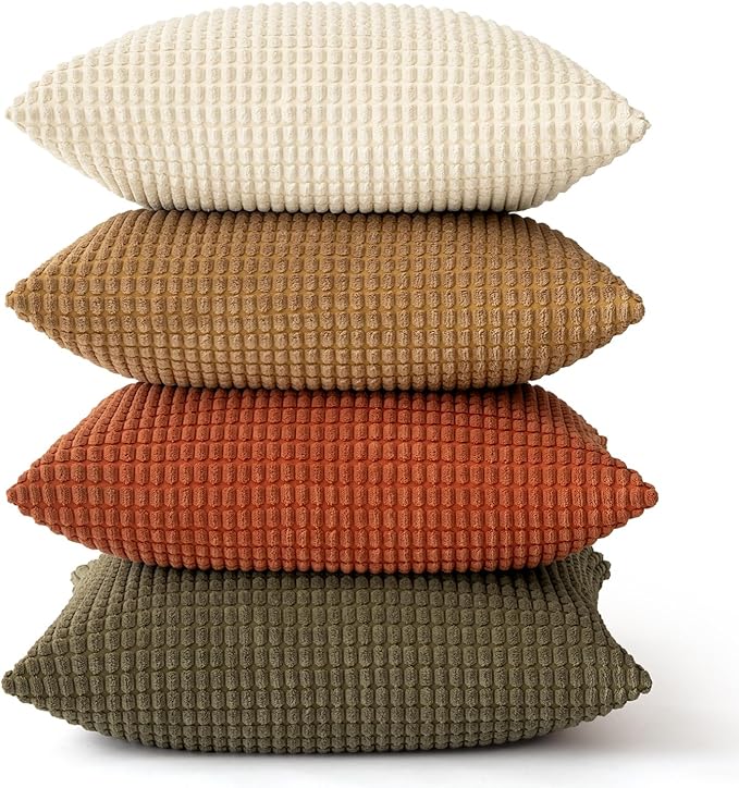 MIULEE Farmhouse Decorative Pillow Covers 20x20 Inch Set of 4 Brown Green | Modern Natural Rustic Throw Pillows, Neutral Warm Soft Corduroy Couch Pillowcases, Home Decor for Sofa Living Room Bed