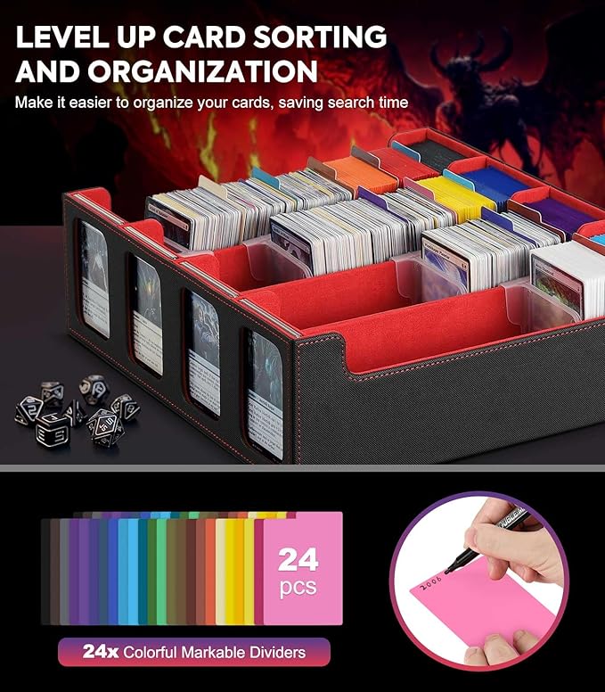 MoKo Card Storage Box for Trading Cards, 3000+ MTG Deck Box with 24 Colorful Dividers & 4 Card Supporters, Commander Card Deck Case with Display Window, Fits for Magic Game Cards, YugiOh, Black Red
