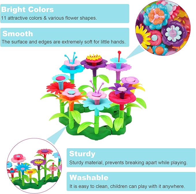 FLYINGSEEDS 46 PCS Flower Garden Building Toys for Girls, STEM Toy Gardening Pretend Play Set for Kids, Girls Favor Stacking Game for Toddlers, Preschooler Age 3 4 5 6 7 8 Year Old