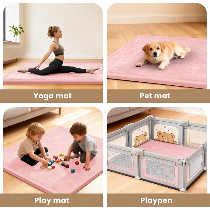 ACOMOPACK Baby Play Mat for Floor 1.3" Thick Memory Foam Play Mat 79"×157" Tummy Time Crawling with Non-Slip Bottom for Living Room,Nursery,Soft Velvet Playpen Mats for Kids,Infants（Pink）