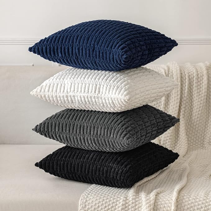 MIULEE Corduroy Decorative Throw Pillow Covers 20x20 Navy Blue Pack of 2 | Soft Boho Striped Pillow Covers Modern Farmhouse Coastal Home Decor For Sofa Living Room Couch Bed