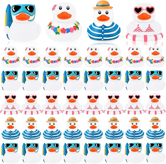 Honoson Summer Beach Rubber Duckies Bulk Mini Rubber Duck Bath Toys Float Bathtub Ducky Cute Squeaky Ducky for Classroom Carnival Summer Birthday Baby Shower Party Favor(White,48 Pcs)