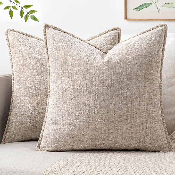 MIULEE Decorative Couch Throw Pillow Covers 18x18 Inch Taupe 2 Pack | Farmhouse Pillow Covers with Stitched Edge, Soft Chenille Cushion Cases, for Sofa Bed Living Room Home Decor