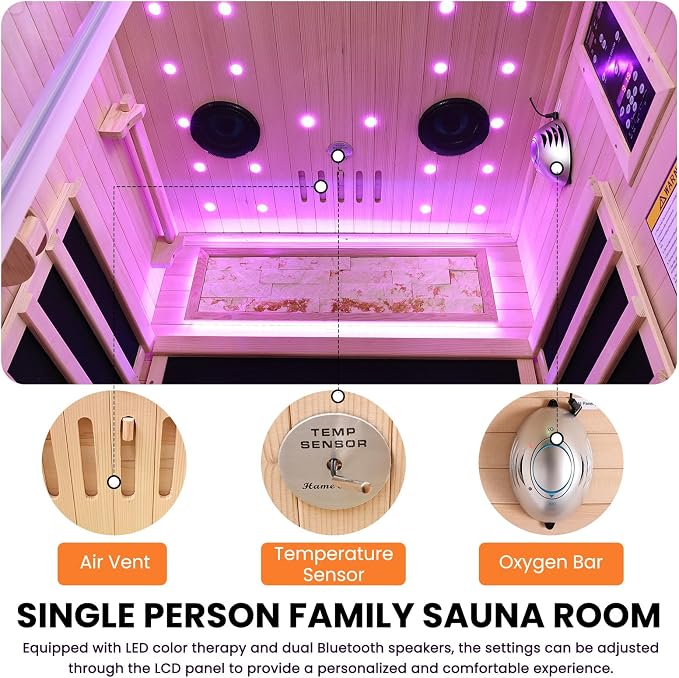OUTEXER One Person Sauna Far Infrared Saunas Room Canadian Hemlock 1450W Dry Saunas Spa with 7 Starry Sky Light 35.4 * 35.4 * 70.8inch