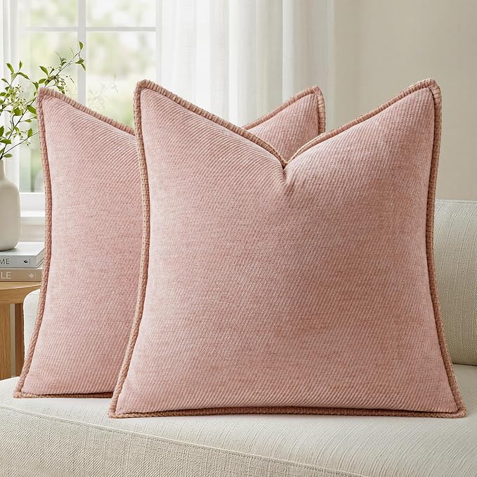 a moment Pack of 2 Decorative Chenille Throw Pillow Covers with Twill Cushion Covers for Sofa Living Room Couch Bed 18x18 Inch,Crafted Border Blush Pink