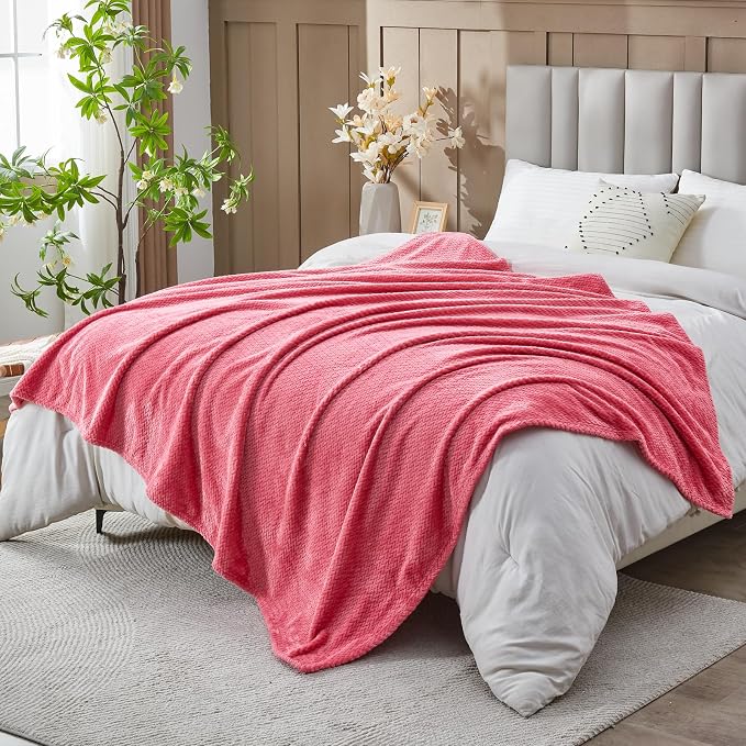 NEWCOSPLAY Fleece Leaves Pattern Queen Blanket, Coral Pink, 90"x90" | Super Soft Throw Blanket, Lightweight Cozy Bed Sofa Blanket, Premium Silky Flannel Fleece, Travel Blanket for All Season Use