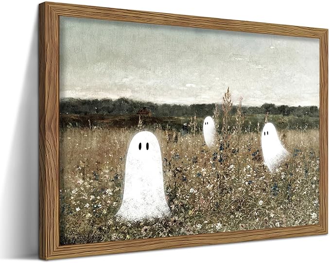 Framed Vintage Halloween Wall Art, Cute Ghost Meadow Painting, Rustic Landscape Canvas Halloween Wall Decor, Aesthetic Spooky Ghost Wall Art for Living Room Bedroom Bathroom 12x16 inch
