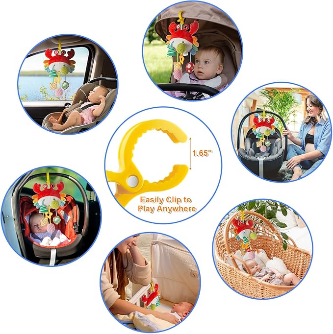 Car Seat Toy for Babies 0-6 Months, Stroller Toy with a Convenient Clip, Carseat Toys Hanging Baby Accessories,Built-in Bell, Rattle,Mirror for Infant,Babies Gift 0-3-6-12 Months Boy Girl