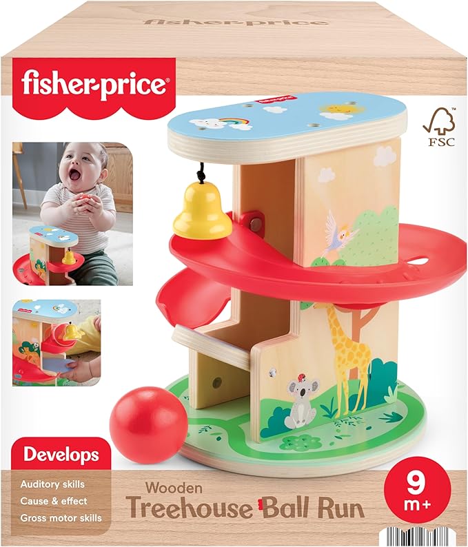 Fisher-Price Wood Baby Toy Treehouse Ball Run, 2-Piece Wooden Activity for Developmental Play Infants & Toddlers Ages 9+ Months
