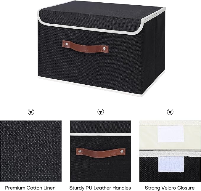 ANMINY Fabric Storage Box Bins with Lids, Black, 13"x9"x7.9" | Keepsake Memory Storage, Cotton Linen, PP Board Reinforced, Washable, PU Handles, Foldable & Stackable, Decorative, Medium