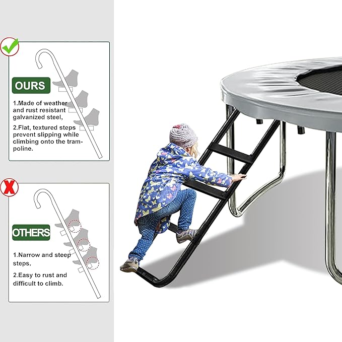 Eurmax USA Universal Trampoline Ladder,240 lbs Capacity,3 Wide Skid-Proof Steps&Shoe Storage Pocket,UV-Resistant Steel Stairs for Kids,Heavy Duty Universal Hook Fit,Trampoline Accessories for Children