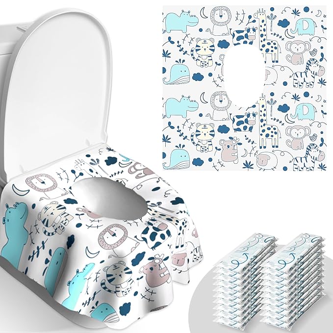 20 Pack Toilet Seat Covers Disposable, Extra Large Toilet Potty Covers for Kids & Adults, Individually Wrapped - Travel Essential, Toddler Potty Training for Trip, Airplane Public Restroom (Animal-A)