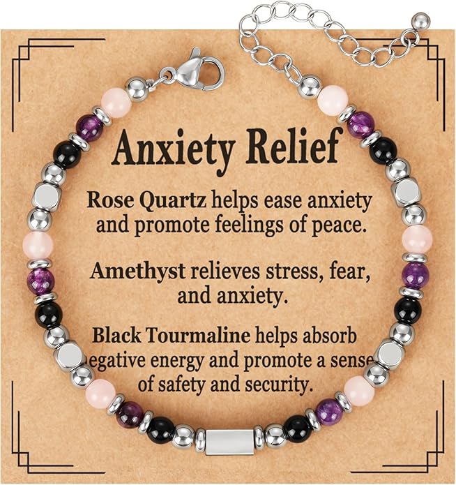 Natural Healing Crystal Bracelet for Women, Triple Protection Anxiety Relief New Beginnings Good Luck Empath Protection Jewelry Gift for Friends Daughter Mom 6.5+1.8 Inches