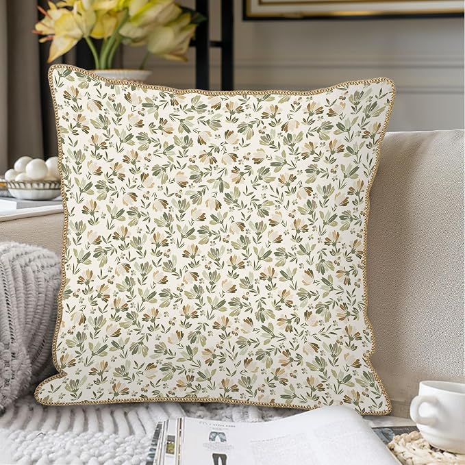 KSLIDS Sage Green Beige Floral Soft Velvet Throw Pillow Covers Set of 2 Vintage Brown Flower Decorative Pillow Covers 20x20 Inch Rustic Pillow Case for Sofa Couch Bedroom Farmhouse Home Decor