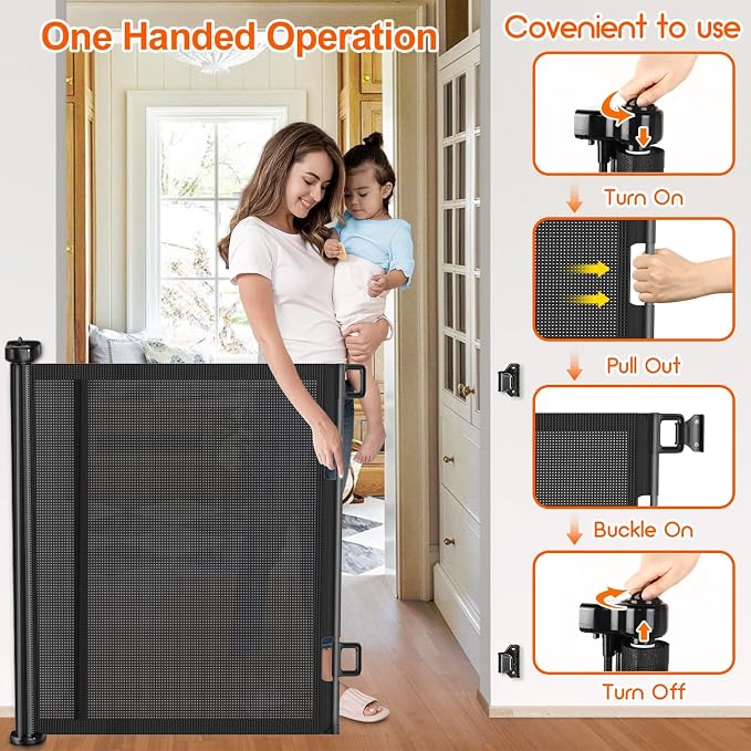 Upgrade 150 inch Retractable Baby Gates, EZIGO Extra Wide Baby Gate for Large Opening Extra Long Mesh Gate for Kids or Pet Dog Gate Child Safety Gate for Stairs Hallways Doorway Indoor Outdoor, Black