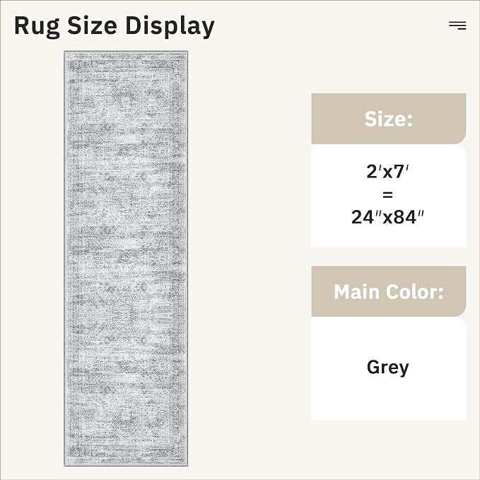 Soalmost Runner Rug 2x7 Washable Non-Slip Hallway Rugs for Kitchen Grey | Low-Pile Vintage Runners for Bathroom Laundry Room, Foldable Floor Carpet Mat for Entryway Corridor Bedroom