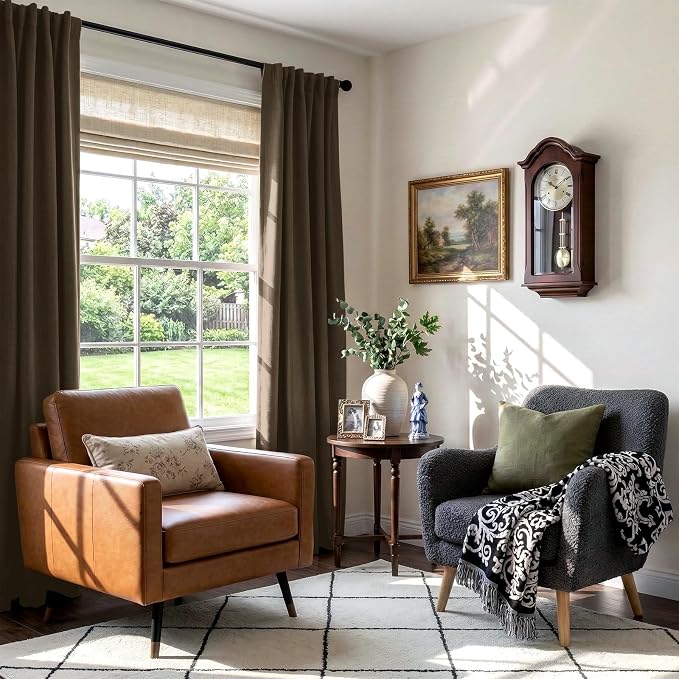 100% Blackout Shield Dark Brown Linen Blackout Curtains for Bedroom 84 Inches Long, Back Tab/Rod Pocket Living Room Drapes, Thermal Insulated Blackout Curtains 2 Panels Set, 50" W x 84" L