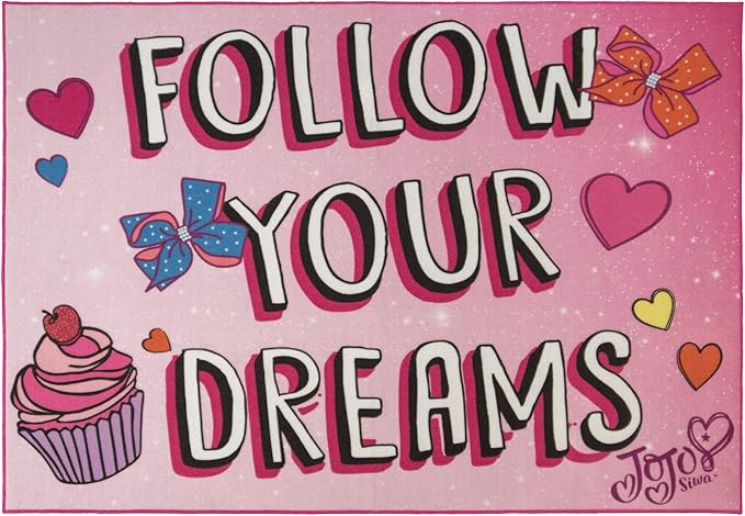 Gertmenian JoJo Siwa Indoor Area Rug - 4x6 Large, Non-Slip, Ideal for Children in Bedroom, Game Room, Classroom, Nursery or Play Area - Follow Your Dreams, Pink, 21276